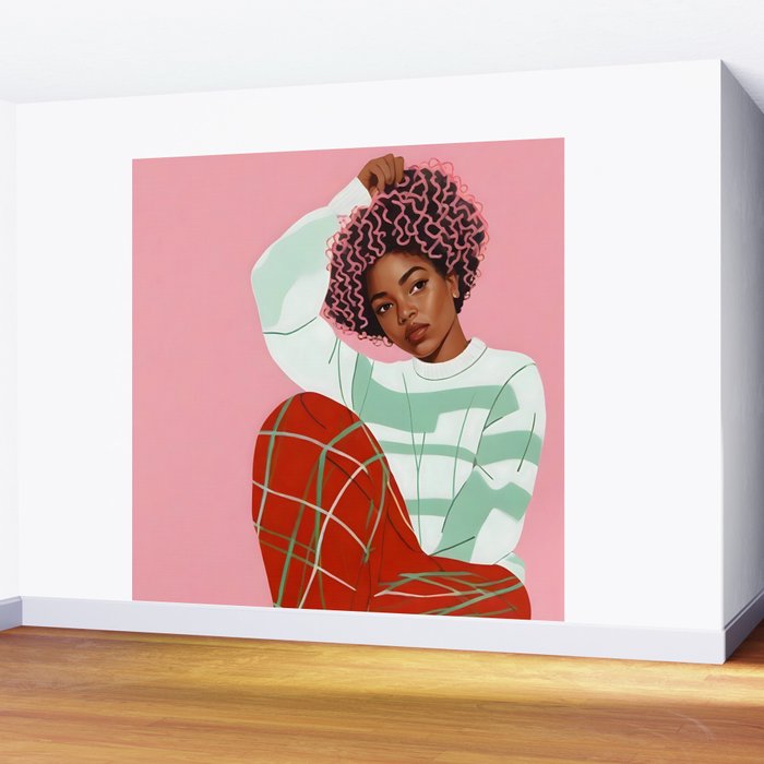 Un-Confine, Free Spirit Colorful People, Plaid Check Pattern Black Woman Afro, Tartar Fashion Eclectic Bohemian, Hep Chic Illustration Painting Wall Mural Gallery Image 2