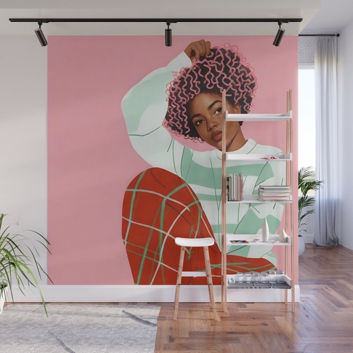 Un-Confine, Free Spirit Colorful People, Plaid Check Pattern Black Woman Afro, Tartar Fashion Eclectic Bohemian, Hep Chic Illustration Painting Wall Mural Gallery Image 1