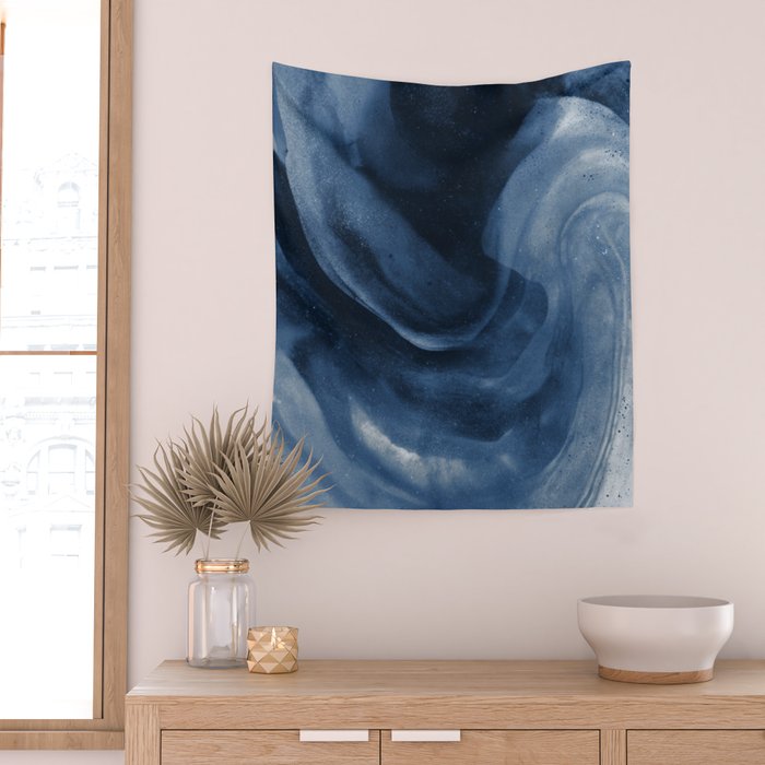 Dusty Blue Ink Swirl - Moody Indigo Wash Wall Tapestry Gallery Image 2
