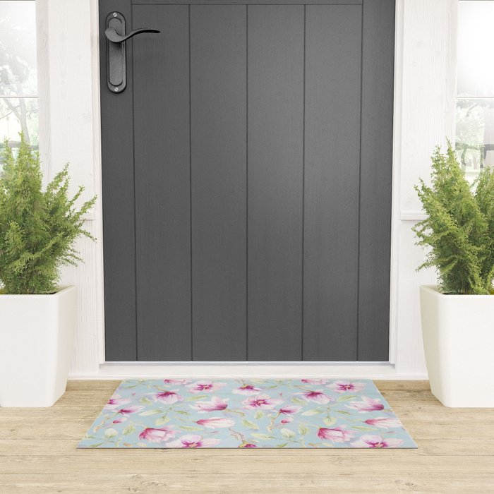 Hygge Hand Painted Watercolor Magnolia Blossoms Welcome Mat Gallery Image 3