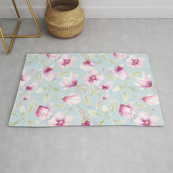 Hygge Hand Painted Watercolor Magnolia Blossoms Rug Gallery Image 1