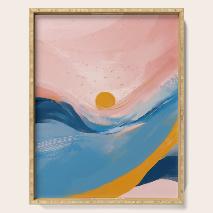 Pink and Blue Abstract Art Ocean and Sunrise Serving Tray Gallery Image 1