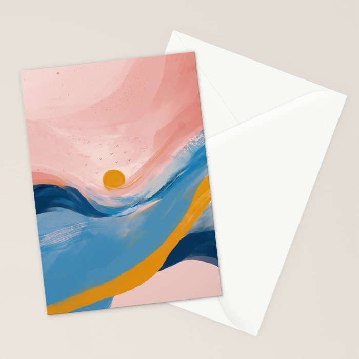 Pink and Blue Abstract Art Ocean and Sunrise Stationery Card Gallery Image 2
