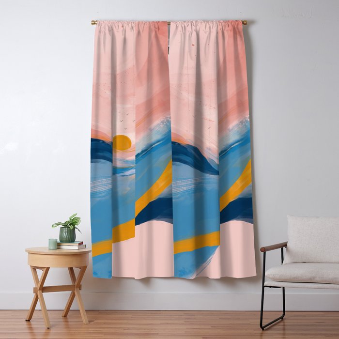 Pink and Blue Abstract Art Ocean and Sunrise Window Curtain Gallery Image 1