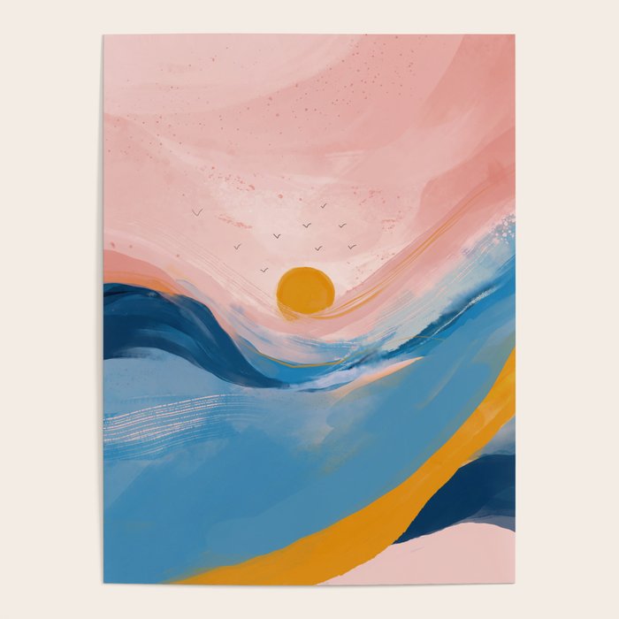Pink and Blue Abstract Art Ocean and Sunrise Poster Gallery Image 1