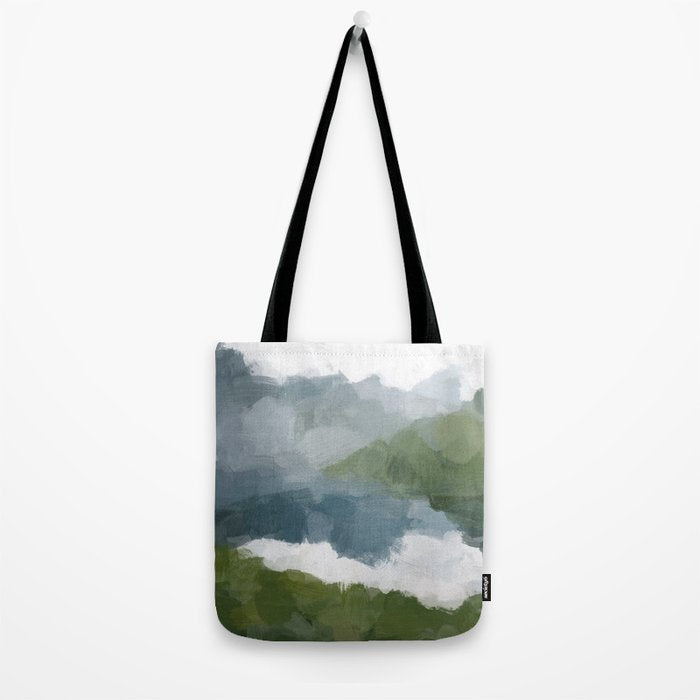 Cloud Reflection - Gray Blue Lake White Green Mountain Reflection Abstract Nature Painting Art Print Tote Bag Gallery Image 2