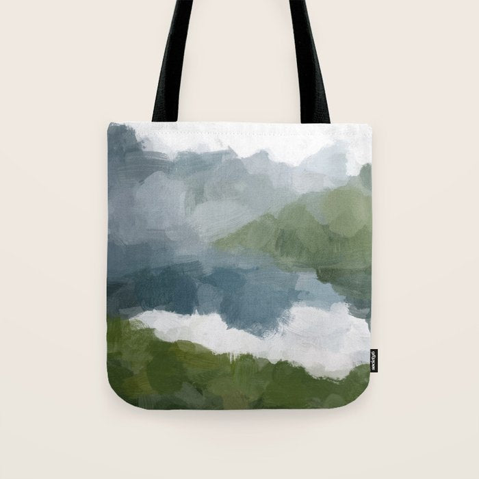Cloud Reflection - Gray Blue Lake White Green Mountain Reflection Abstract Nature Painting Art Print Tote Bag Gallery Image 1