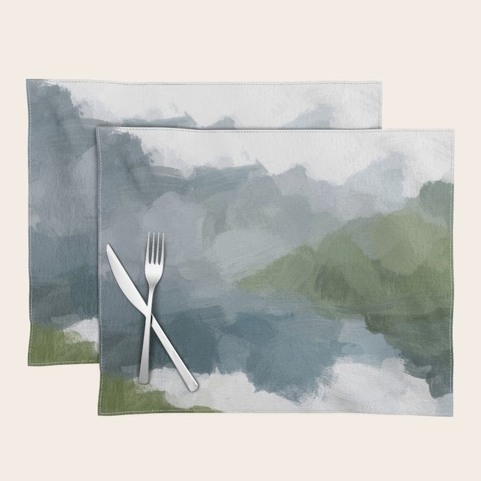 Cloud Reflection - Gray Blue Lake White Green Mountain Reflection Abstract Nature Painting Art Print Placemat Gallery Image 1