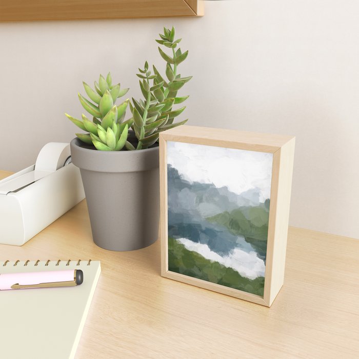 Cloud Reflection - Gray Blue Lake White Green Mountain Reflection Abstract Nature Painting Art Print Mini Art Print Gallery Image 2