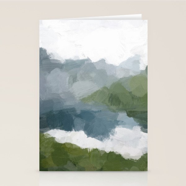 Cloud Reflection - Gray Blue Lake White Green Mountain Reflection Abstract Nature Painting Art Print Stationery Card Gallery Image 2