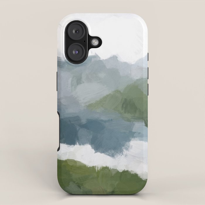 Cloud Reflection - Gray Blue Lake White Green Mountain Reflection Abstract Nature Painting Art Print iPhone Case Gallery Image 1