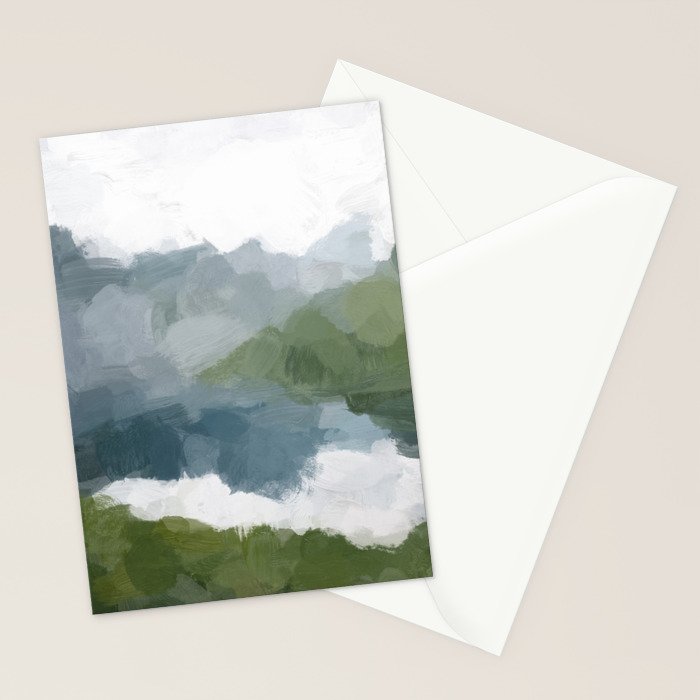 Cloud Reflection - Gray Blue Lake White Green Mountain Reflection Abstract Nature Painting Art Print Stationery Card Gallery Image 2
