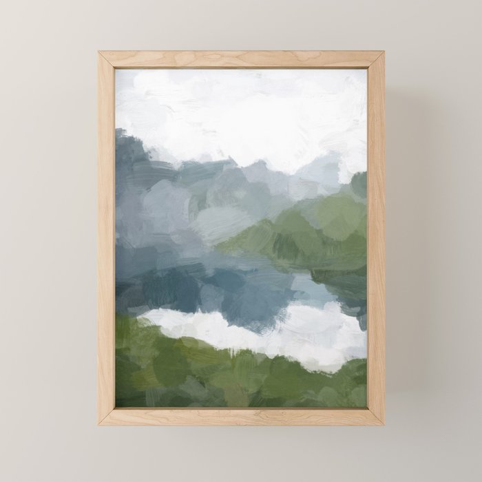 Cloud Reflection - Gray Blue Lake White Green Mountain Reflection Abstract Nature Painting Art Print Mini Art Print Gallery Image 1
