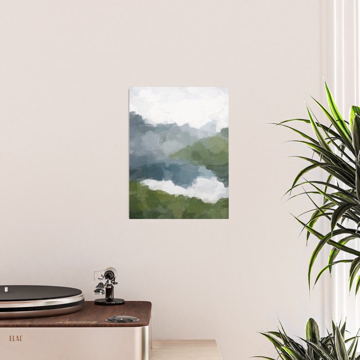 Cloud Reflection - Gray Blue Lake White Green Mountain Reflection Abstract Nature Painting Art Print Poster Gallery Image 2