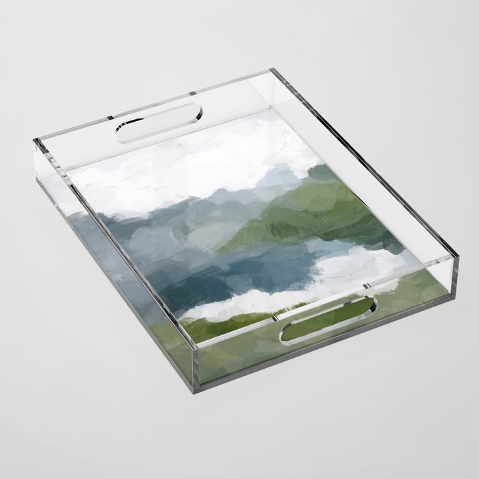 Cloud Reflection - Gray Blue Lake White Green Mountain Reflection Abstract Nature Painting Art Print Acrylic Tray Gallery Image 1