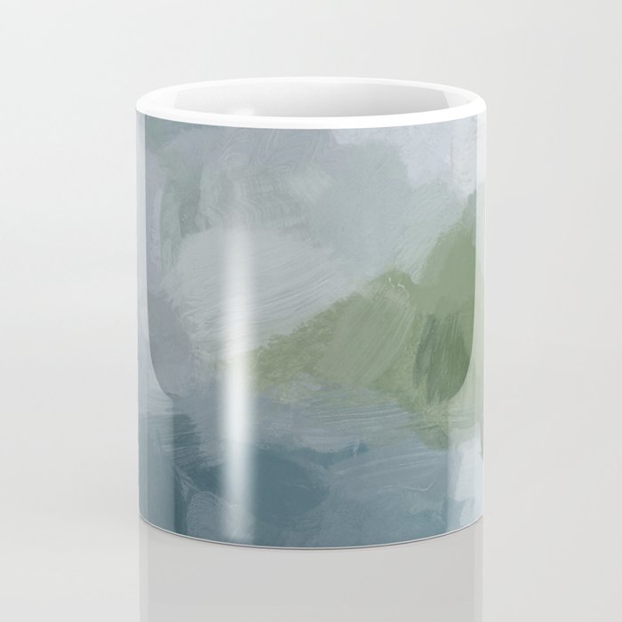 Cloud Reflection - Gray Blue Lake White Green Mountain Reflection Abstract Nature Painting Art Print Coffee Mug Gallery Image 4