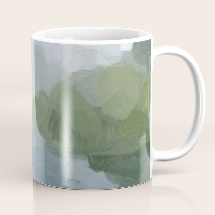 Cloud Reflection - Gray Blue Lake White Green Mountain Reflection Abstract Nature Painting Art Print Coffee Mug Gallery Image 1