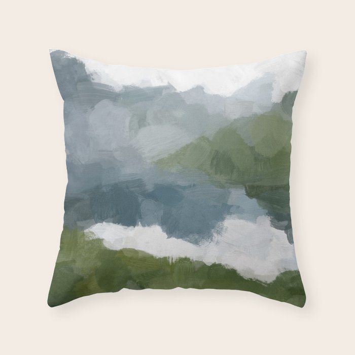 Cloud Reflection - Gray Blue Lake White Green Mountain Reflection Abstract Nature Painting Art Print Throw Pillow Gallery Image 1