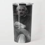 Funny Einstein in Fuzzy Slippers Classic Black and White Satirical Photography - Photographs Travel Mug Gallery Image 1