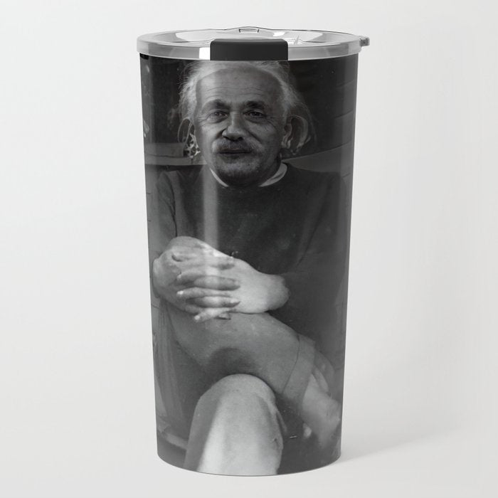 Funny Einstein in Fuzzy Slippers Classic Black and White Satirical Photography - Photographs Travel Mug Gallery Image 1