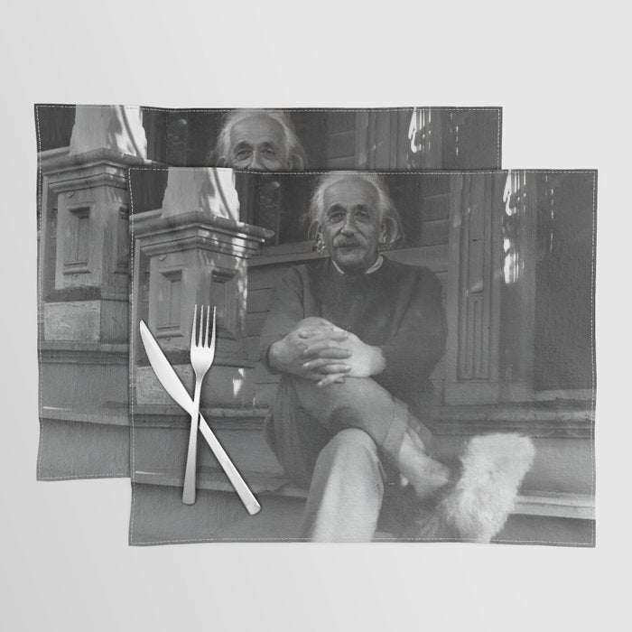 Funny Einstein in Fuzzy Slippers Classic Black and White Satirical Photography - Photographs Placemat Gallery Image 1