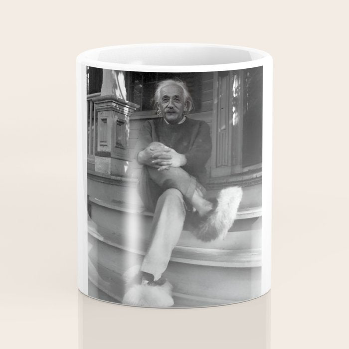 Funny Einstein in Fuzzy Slippers Classic Black and White Satirical Photography - Photographs Coffee Mug Gallery Image 4