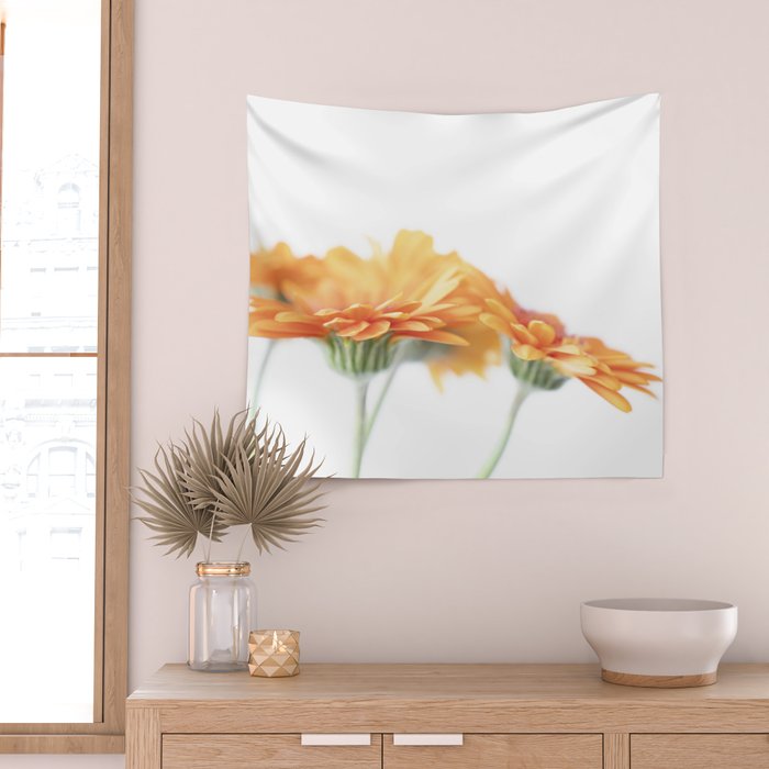 Orange hazy gerbera daisy  Floral spring and summer nature photography  Wall Tapestry Gallery Image 2