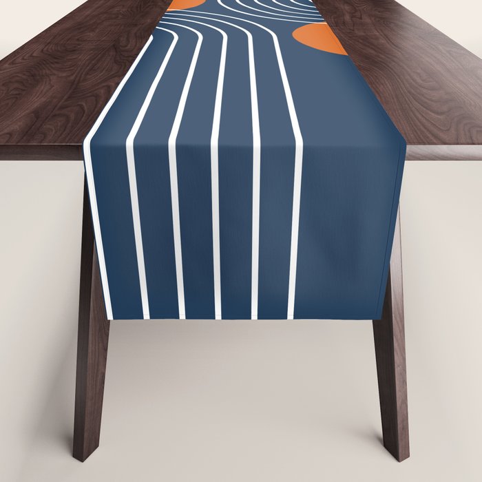 Mid Century Modern Geometric 83 in Navy Blue and Orange (Rainbow and Sun Abstraction) Table Runner Gallery Image 1