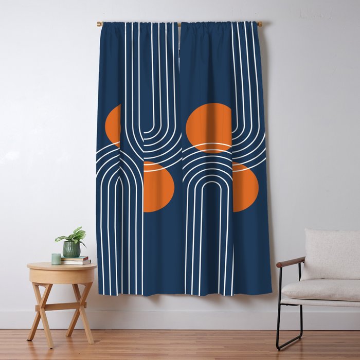 Mid Century Modern Geometric 83 in Navy Blue and Orange (Rainbow and Sun Abstraction) Window Curtain Gallery Image 5
