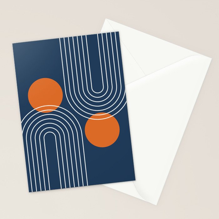 Mid Century Modern Geometric 83 in Navy Blue and Orange (Rainbow and Sun Abstraction) Stationery Card Gallery Image 2