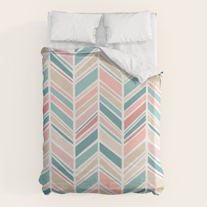 Herringbone Pattern - Cream Coral and Teal Duvet Cover Gallery Image 1