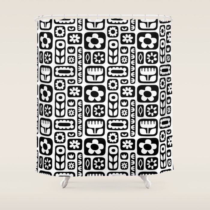 Vintage black and white floral art pattern Shower Curtain Gallery Image 1