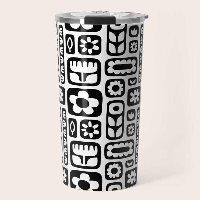 Vintage black and white floral art pattern Travel Mug Gallery Image 1