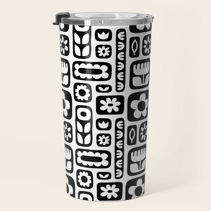 Vintage black and white floral art pattern Travel Mug Gallery Image 3