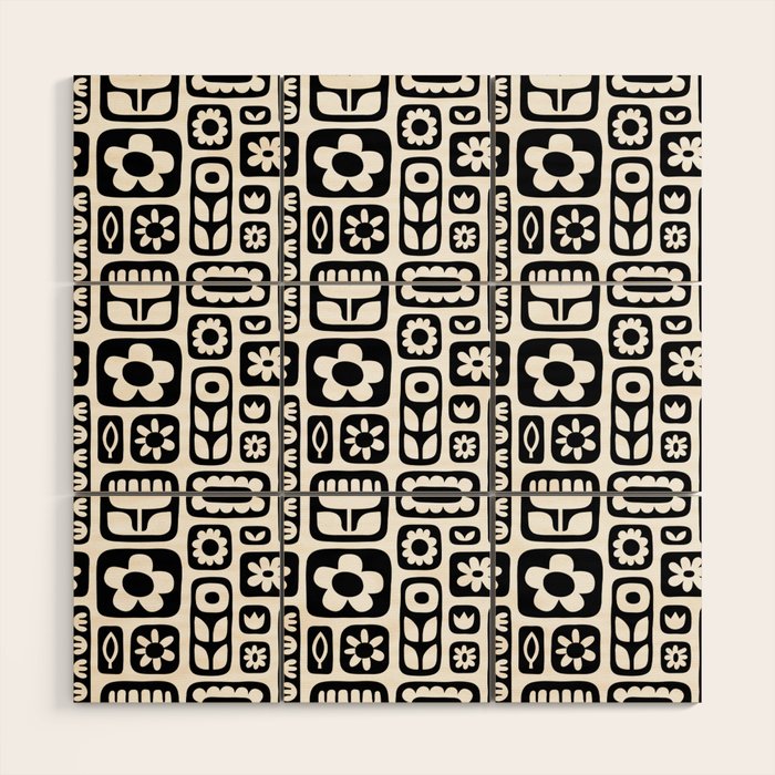 Vintage black and white floral art pattern Wood Wall Art Gallery Image 1