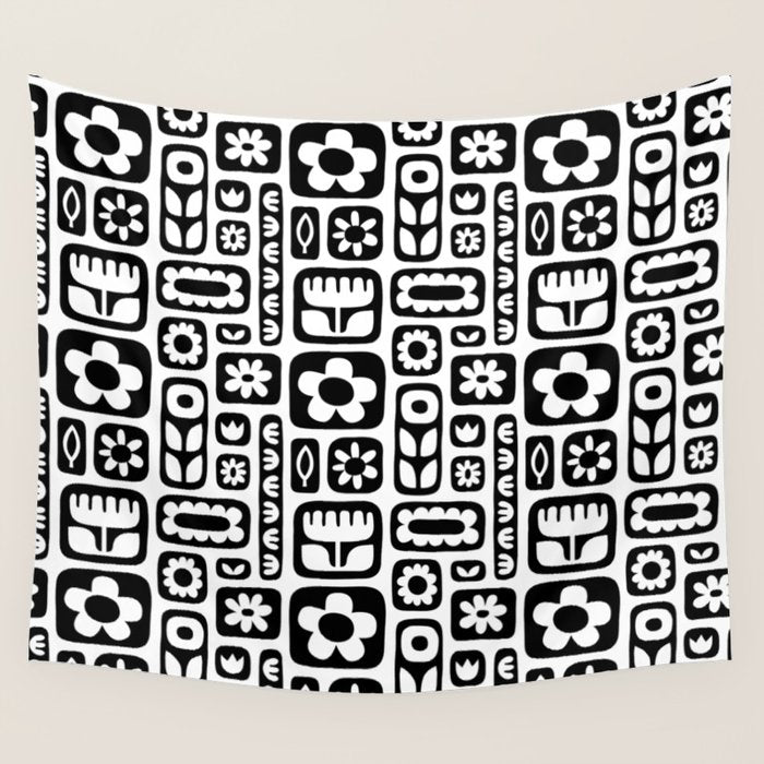 Vintage black and white floral art pattern Wall Tapestry Gallery Image 1
