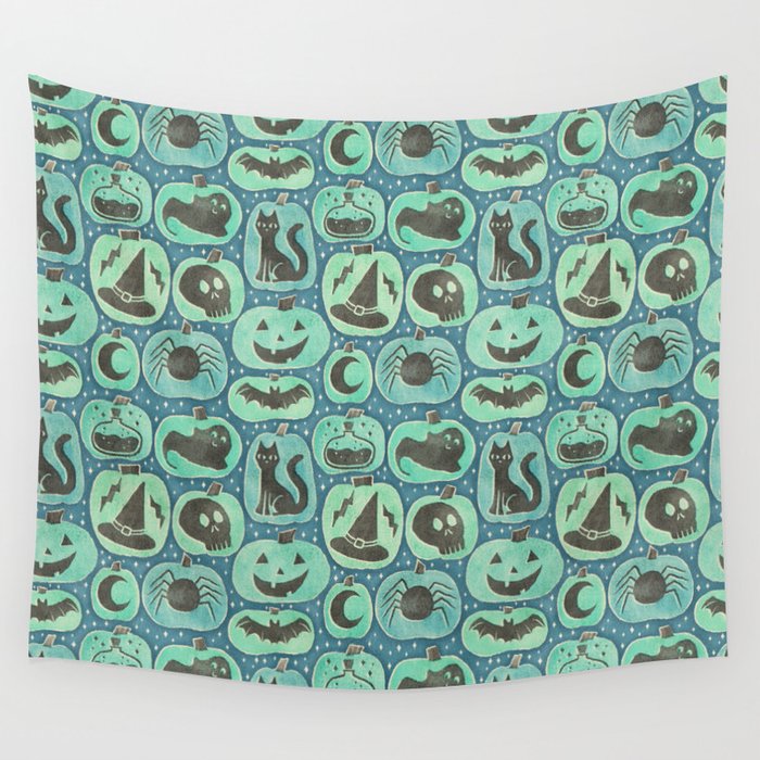 Halloween Pumpkins - ghoulish green  Wall Tapestry Gallery Image 1