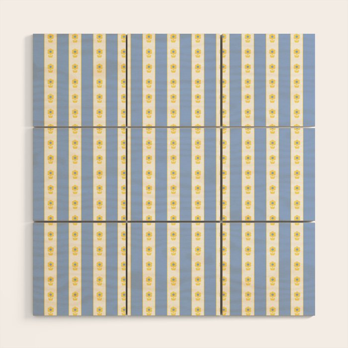 Cottage Stripes and Flowers Pattern in Sky Blue, Yellow, and White Wood Wall Art Gallery Image 1