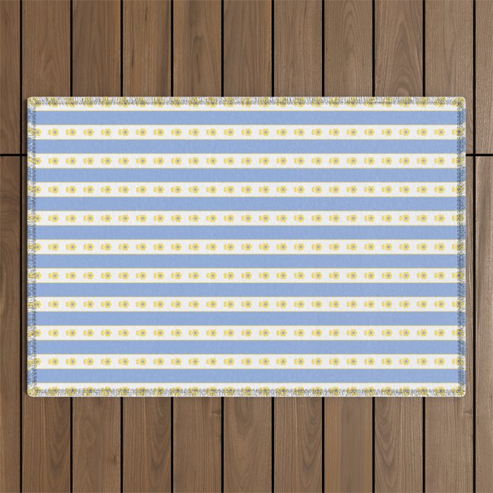 Cottage Stripes and Flowers Pattern in Sky Blue, Yellow, and White Outdoor Rug Gallery Image 1
