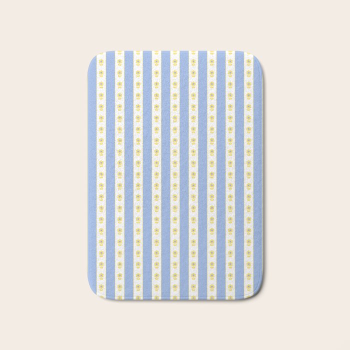 Cottage Stripes and Flowers Pattern in Sky Blue, Yellow, and White Bath Mat Gallery Image 1