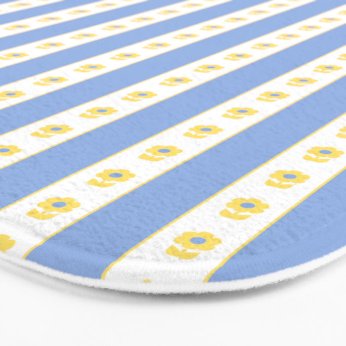 Cottage Stripes and Flowers Pattern in Sky Blue, Yellow, and White Bath Mat Gallery Image 3