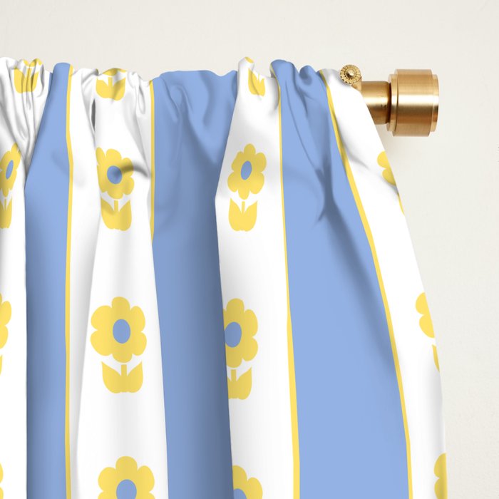 Cottage Stripes and Flowers Pattern in Sky Blue, Yellow, and White Window Curtain Gallery Image 2
