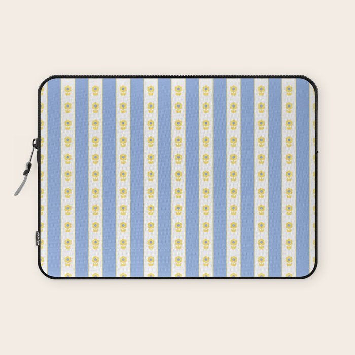 Cottage Stripes and Flowers Pattern in Sky Blue, Yellow, and White Laptop Sleeve Gallery Image 1