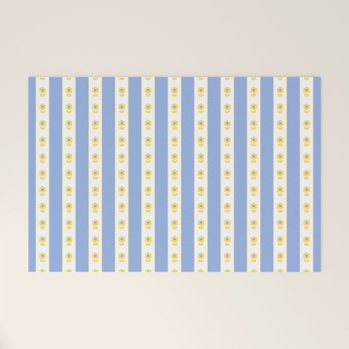 Cottage Stripes and Flowers Pattern in Sky Blue, Yellow, and White Welcome Mat Gallery Image 1
