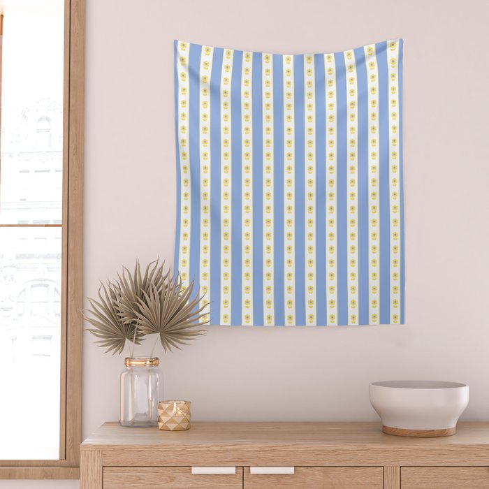 Cottage Stripes and Flowers Pattern in Sky Blue, Yellow, and White Wall Tapestry Gallery Image 2