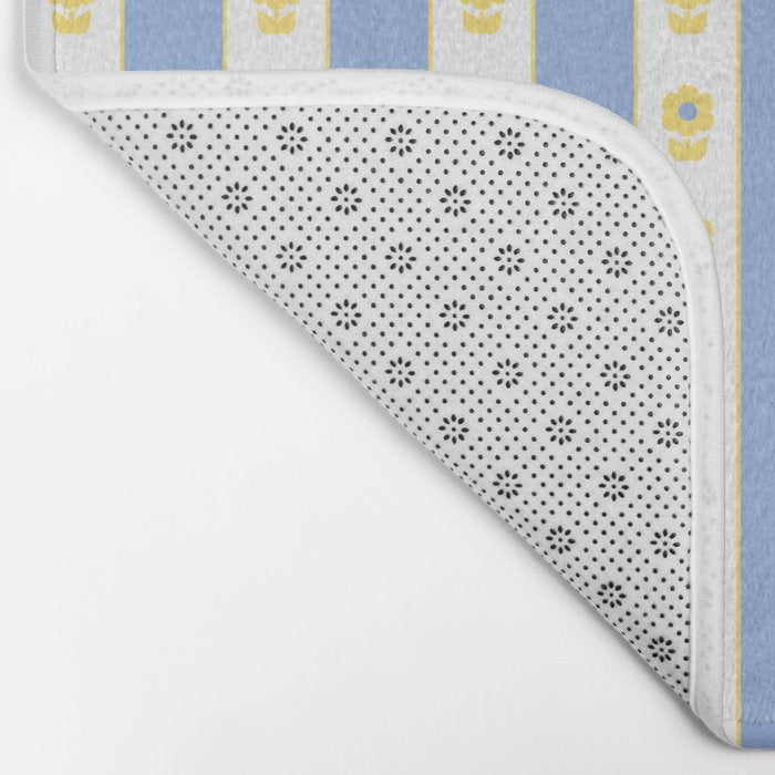 Cottage Stripes and Flowers Pattern in Sky Blue, Yellow, and White Bath Mat Gallery Image 2