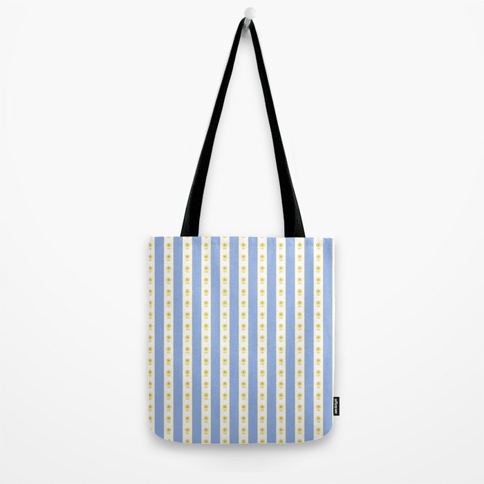 Cottage Stripes and Flowers Pattern in Sky Blue, Yellow, and White Tote Bag Gallery Image 2