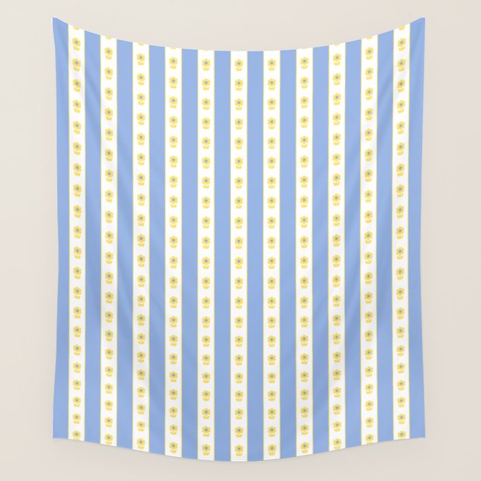 Cottage Stripes and Flowers Pattern in Sky Blue, Yellow, and White Wall Tapestry Gallery Image 1