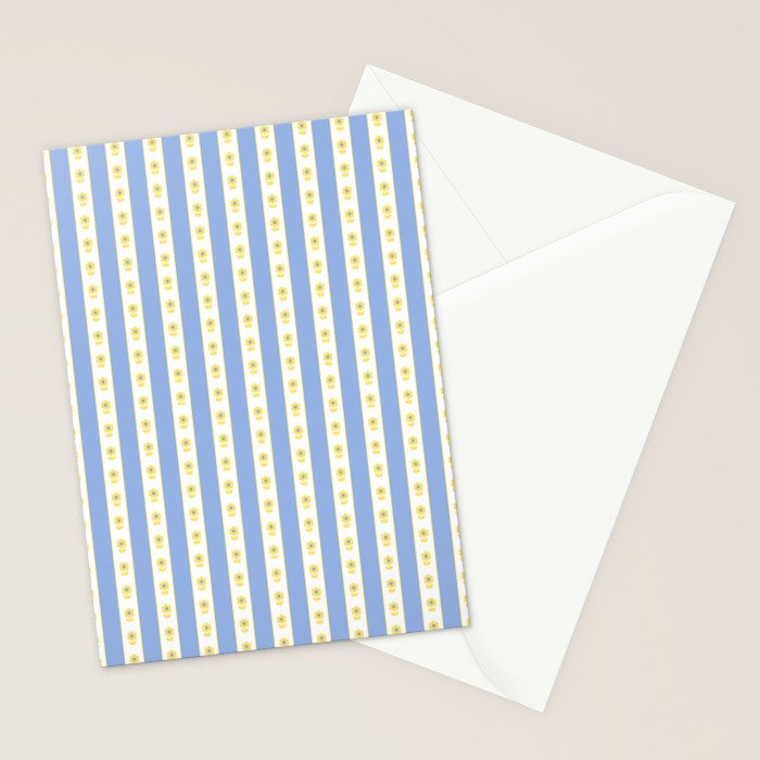 Cottage Stripes and Flowers Pattern in Sky Blue, Yellow, and White Stationery Card Gallery Image 2