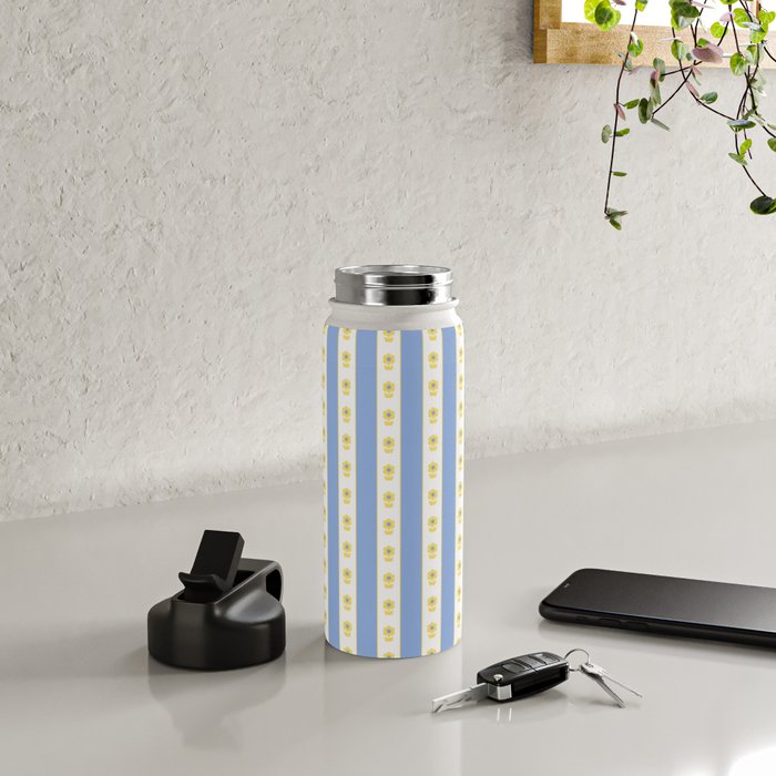 Cottage Stripes and Flowers Pattern in Sky Blue, Yellow, and White Water Bottle Gallery Image 4